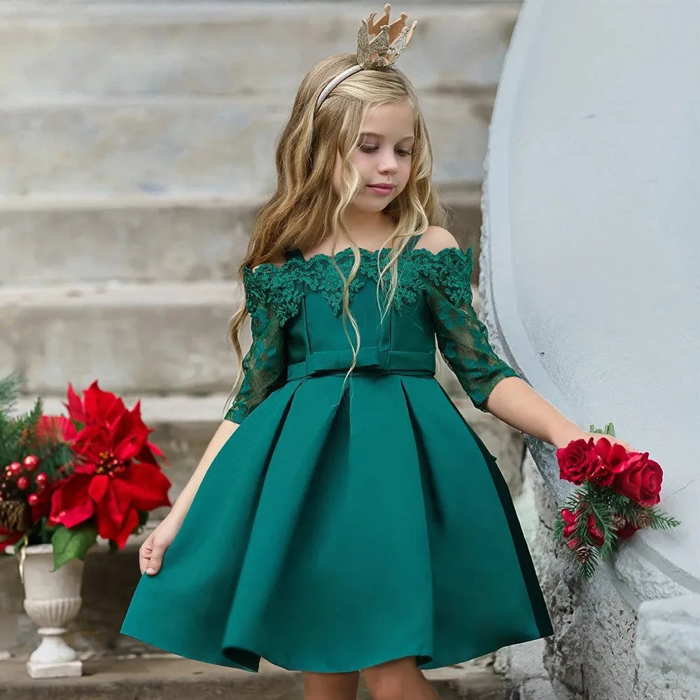 Girls' lace-trimmed polyester dress in deep red, sizes 3T to 10T, simple style for toddlers and children