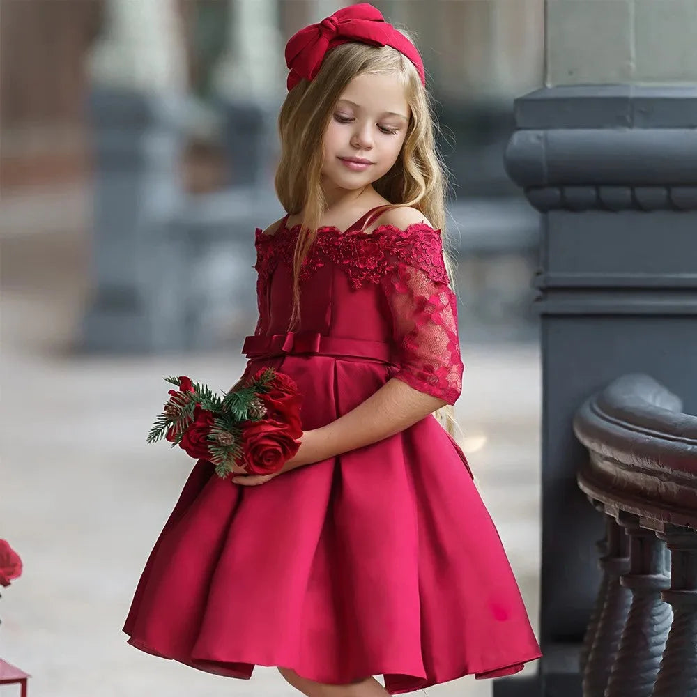 Girls' lace-trimmed polyester dress in deep red, sizes 3T to 10T, simple style for toddlers and children