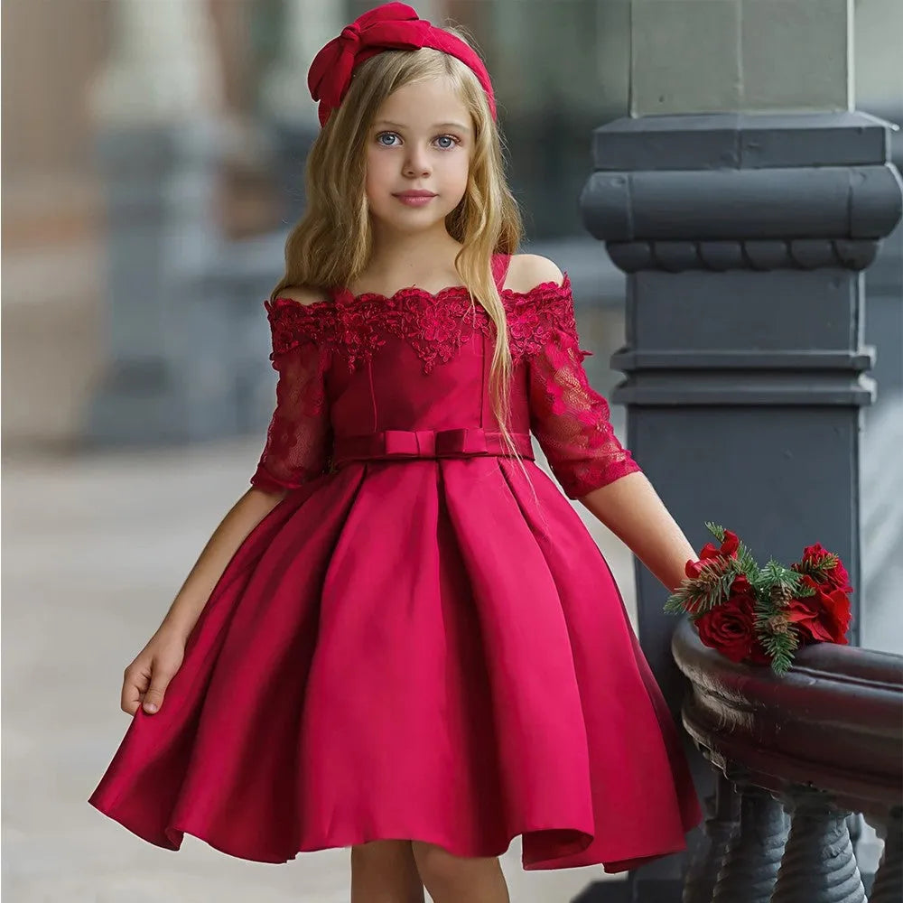 Girls' lace-trimmed polyester dress in deep red, sizes 3T to 10T, simple style for toddlers and children