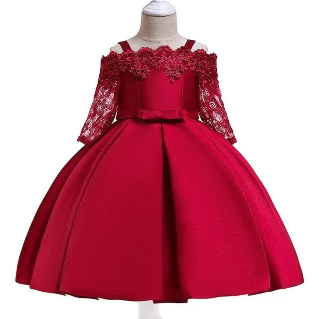 Girls' lace-trimmed polyester dress in deep red, sizes 3T to 10T, simple style for toddlers and children