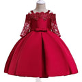 Girls' lace-trimmed polyester dress in deep red, sizes 3T to 10T, simple style for toddlers and children