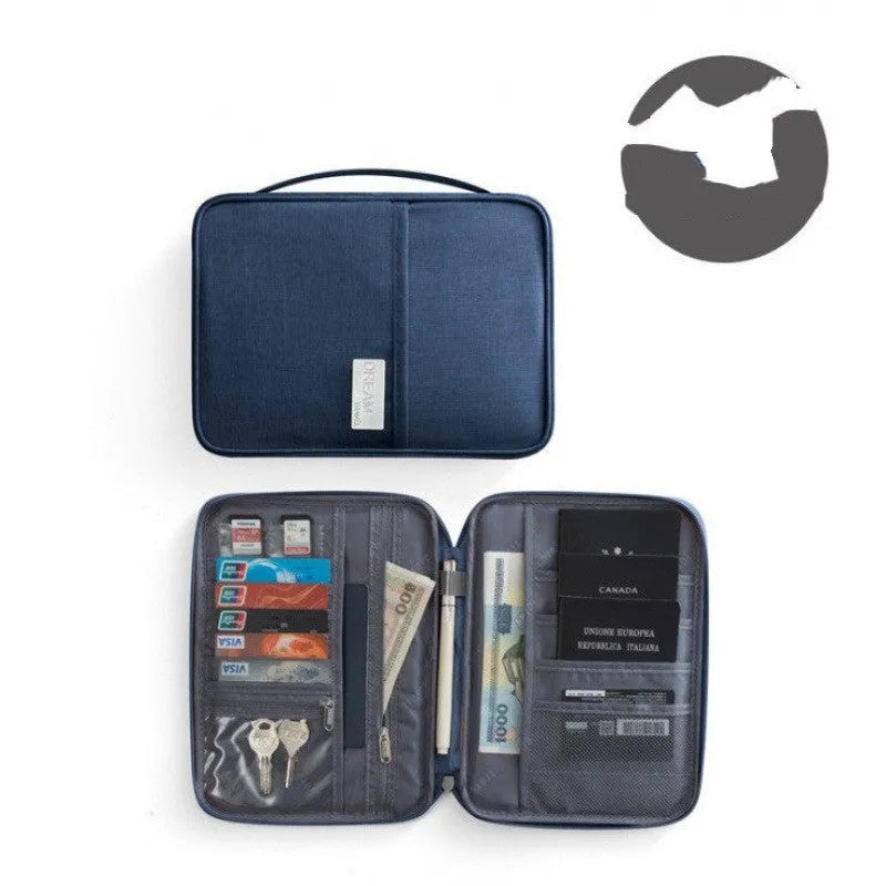 Waterproof passport cover in navy blue with RFID blocking, showing document insertion and size comparison