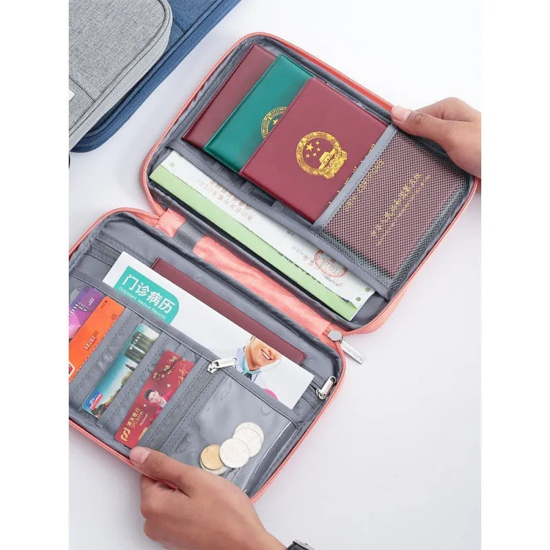 Waterproof passport cover in navy blue with RFID blocking, showing document insertion and size comparison