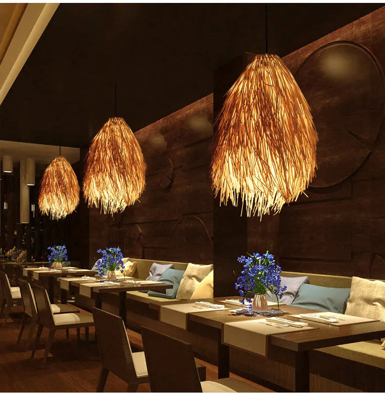 Adjustable rattan pine cone chandelier with fishing line suspension in true colour or white finish