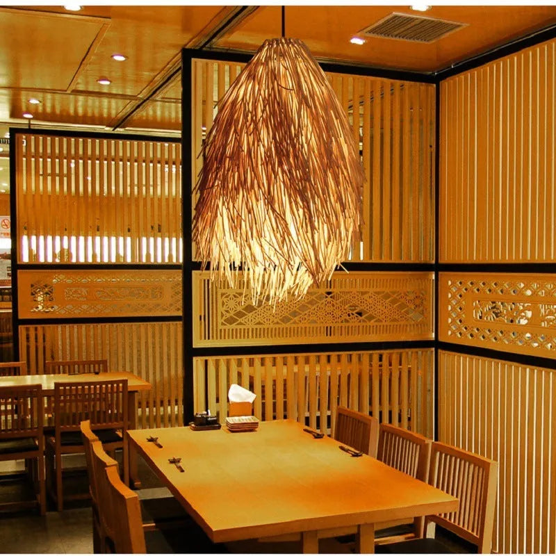 Adjustable rattan pine cone chandelier with fishing line suspension in true colour or white finish