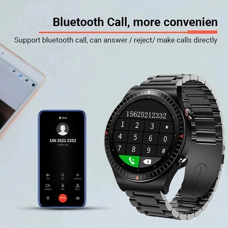 Black Bluetooth smartwatch with metal case on wrist, displaying heart rate on its circular touch screen.
