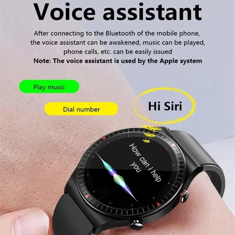 Black Bluetooth smartwatch with metal case on wrist, displaying heart rate on its circular touch screen.