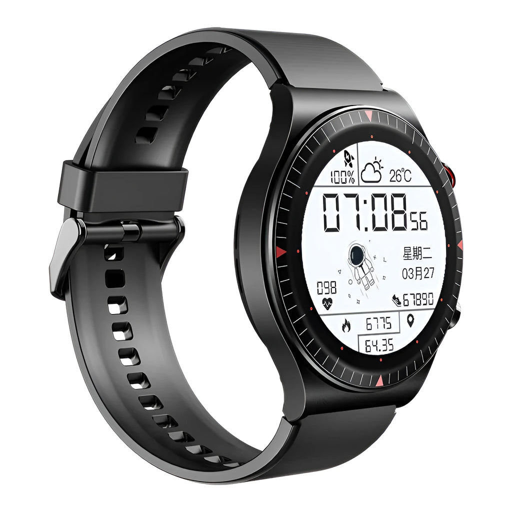 Black Bluetooth smartwatch with metal case on wrist, displaying heart rate on its circular touch screen.