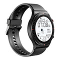 Black Bluetooth smartwatch with metal case on wrist, displaying heart rate on its circular touch screen.