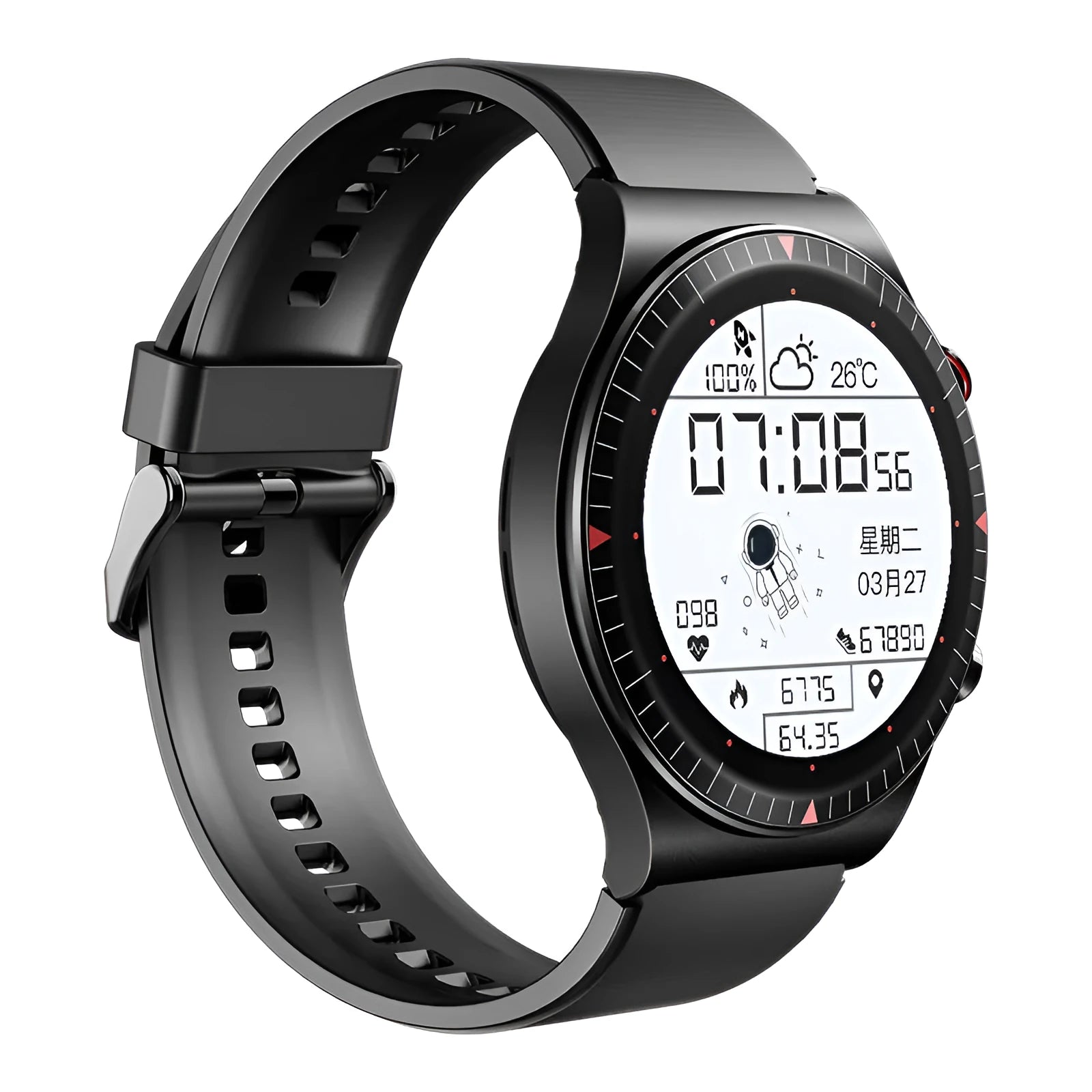 Black Bluetooth smartwatch with metal case on wrist, displaying heart rate on its circular touch screen.