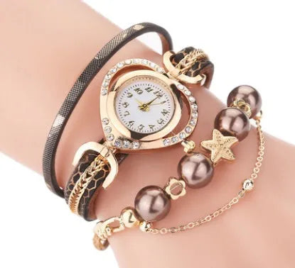 Ladies round quartz bracelet watch with alloy case, PU strap and pearl love-heart dial in seven colours