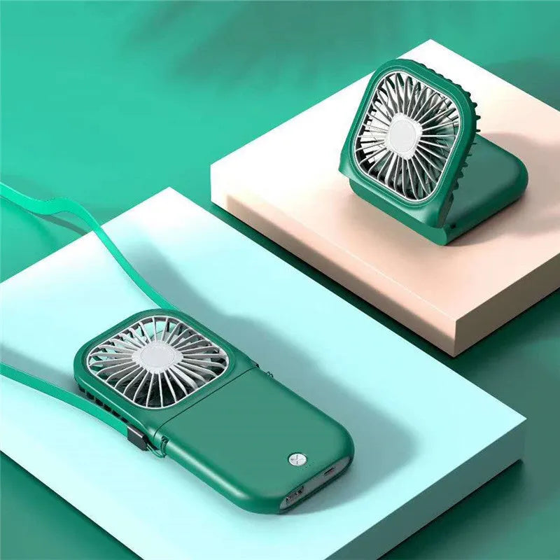 Hands-free neck fan with dual cooling fans in folded position showing USB charging port