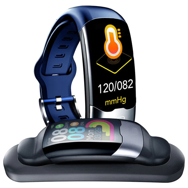 Smart bracelet in black, blue, or red with digital display for heart rate, blood pressure, and sleep tracking