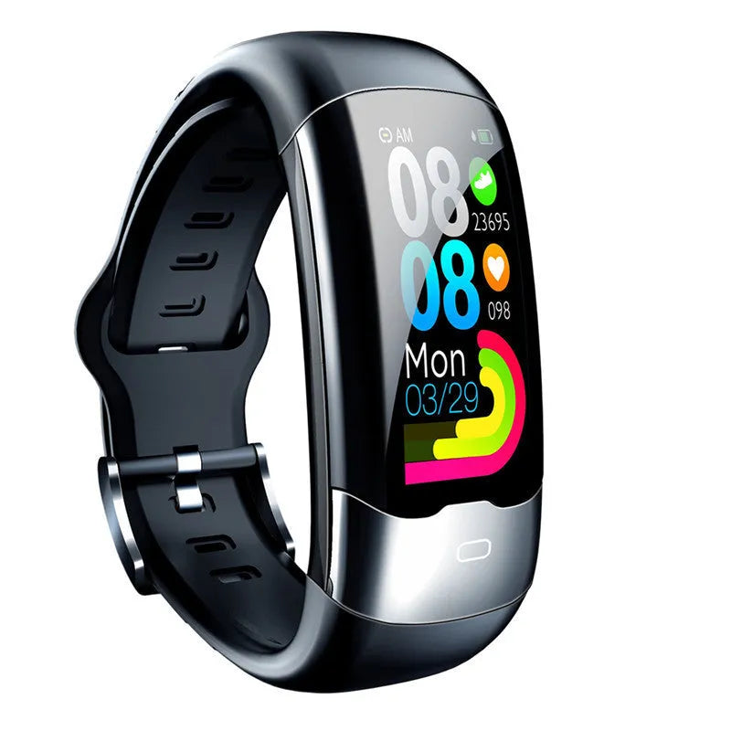 Smart bracelet in black, blue, or red with digital display for heart rate, blood pressure, and sleep tracking