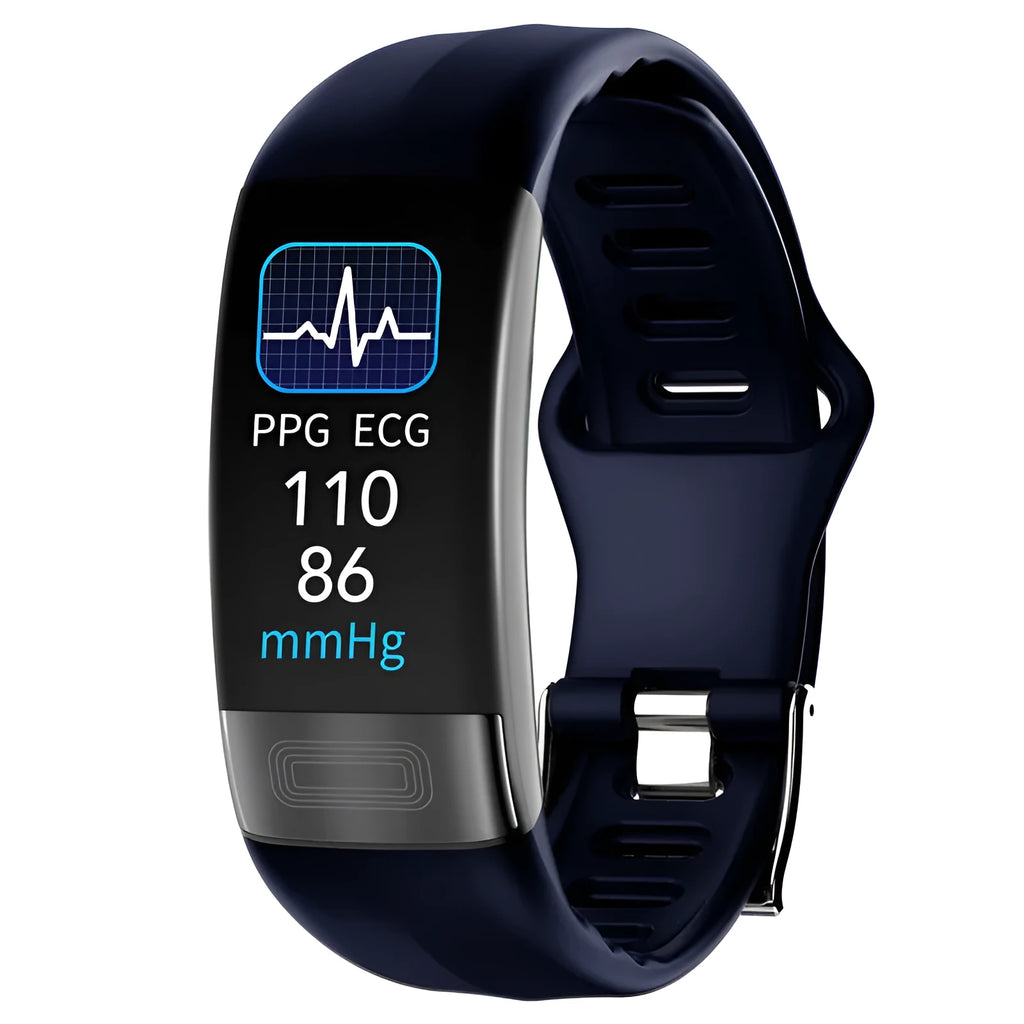 Black smart health bracelet with touch screen displaying ECG and heart rate data.