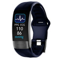 Black smart health bracelet with touch screen displaying ECG and heart rate data.