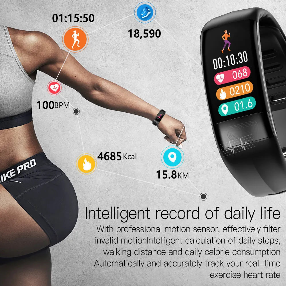 Black smart health bracelet with touch screen displaying ECG and heart rate data.