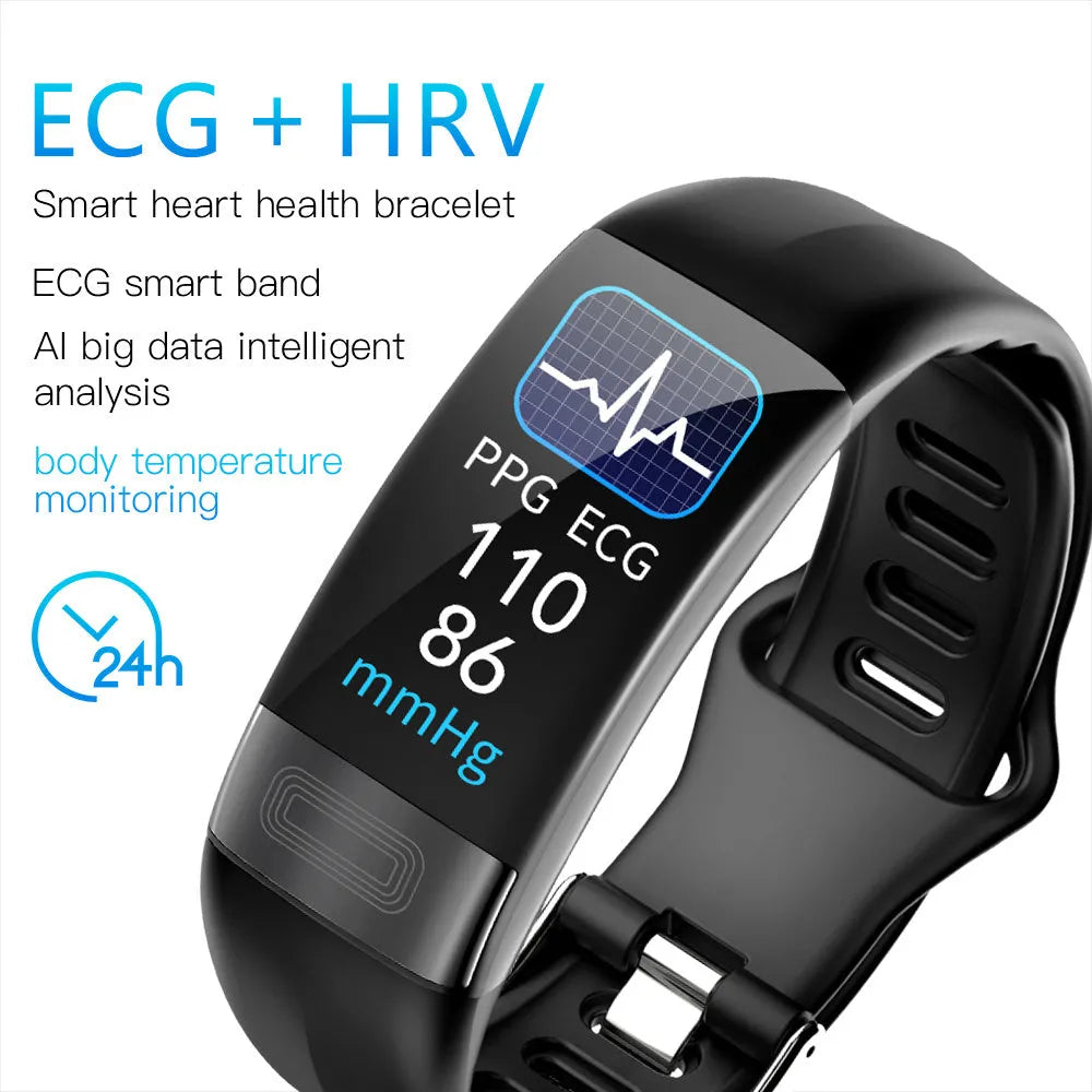 Black smart health bracelet with touch screen displaying ECG and heart rate data.