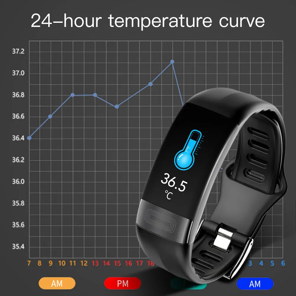 Black smart health bracelet with touch screen displaying ECG and heart rate data.