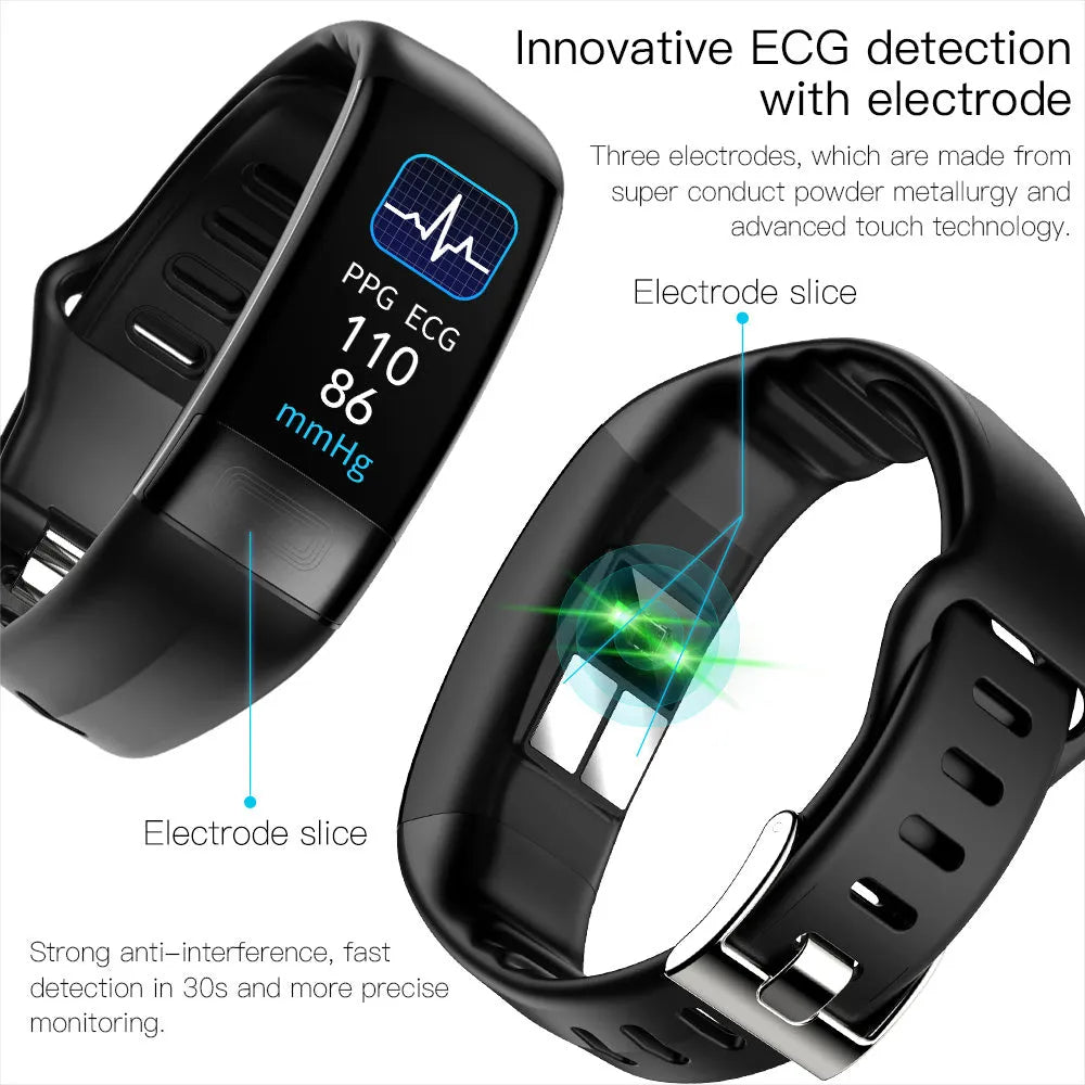 Black smart health bracelet with touch screen displaying ECG and heart rate data.