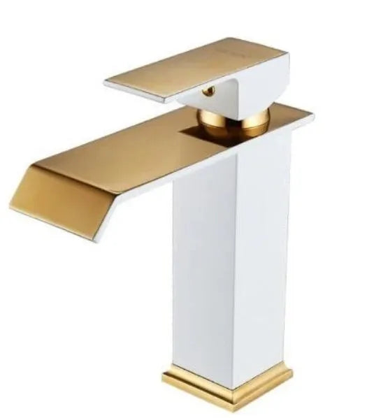 Black basin faucet with gold accents and waterfall spout in touchless induction design