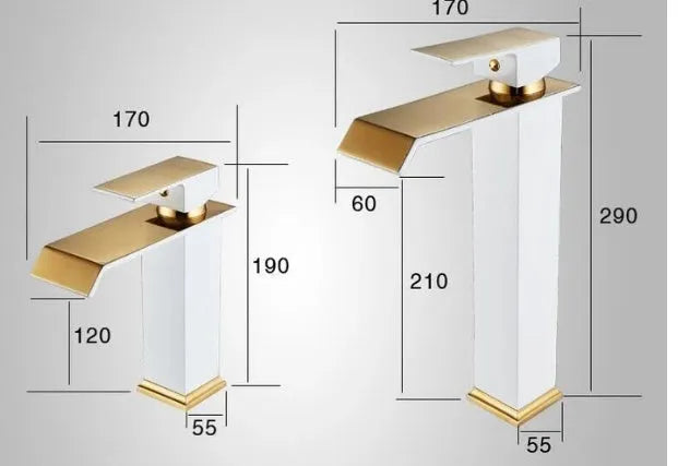 Black basin faucet with gold accents and waterfall spout in touchless induction design