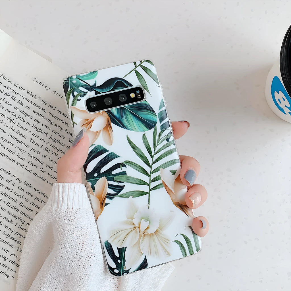 Slim green leaf floral TPU back cover case for Samsung Galaxy phone on a white background.