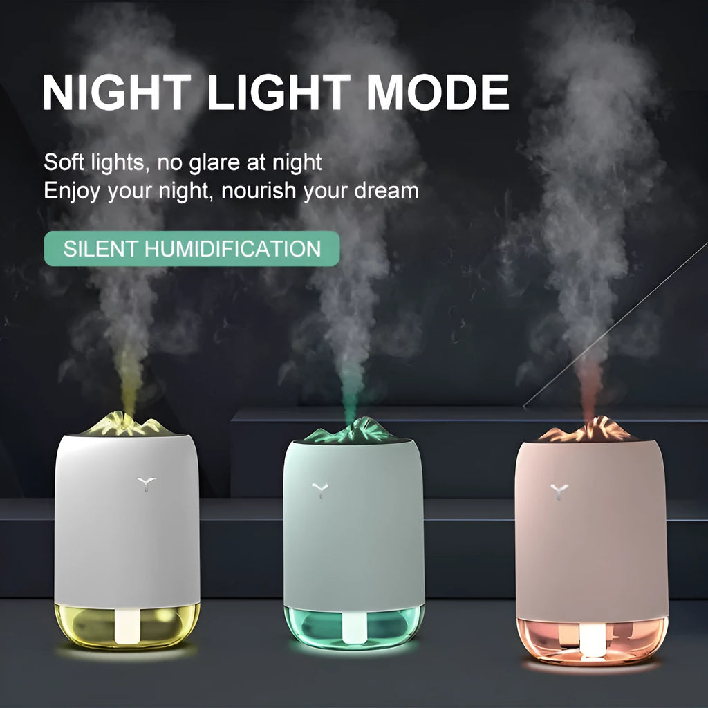 Mini cylindrical USB humidifier with night light in green, showing mist output and USB cable.