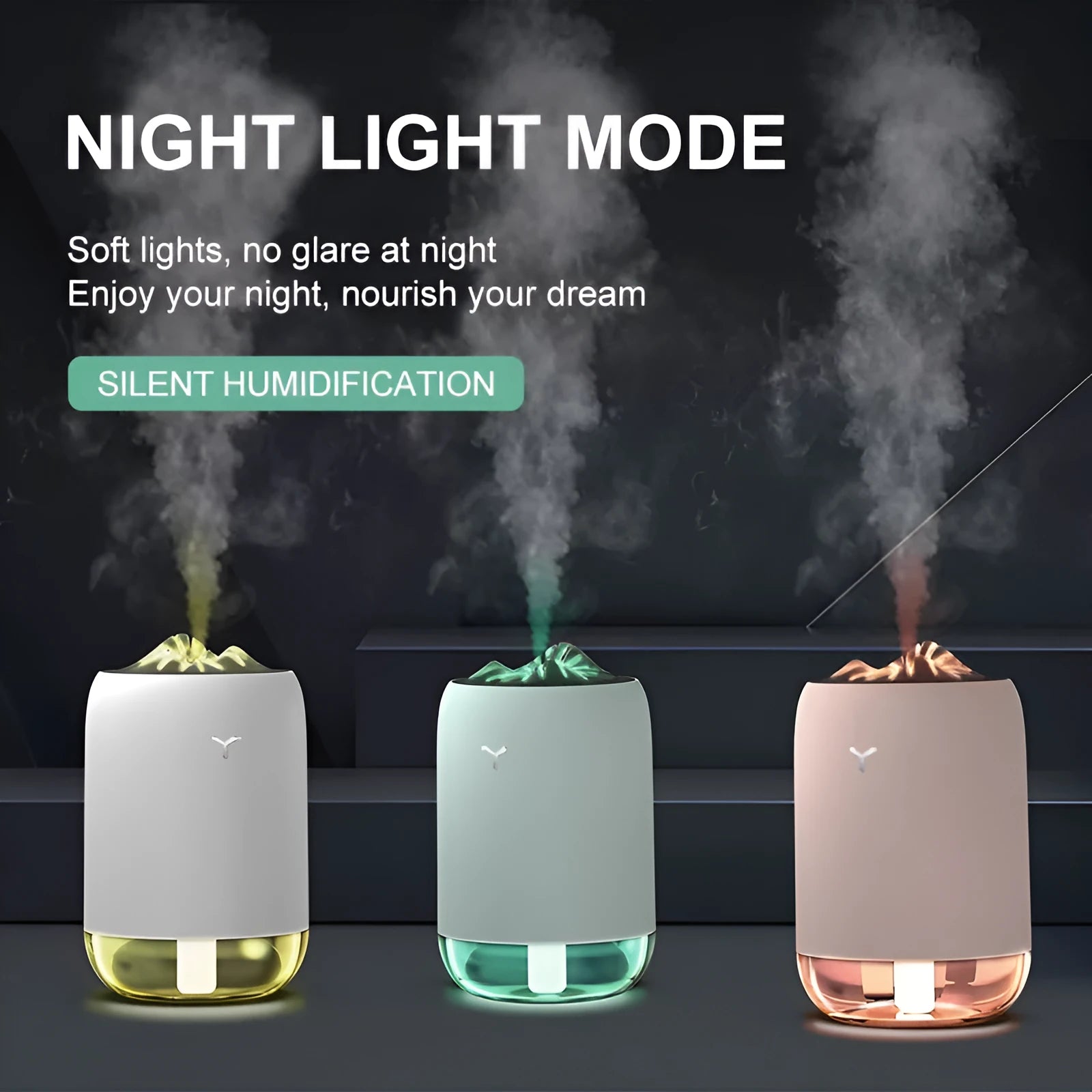 Mini cylindrical USB humidifier with night light in green, showing mist output and USB cable.