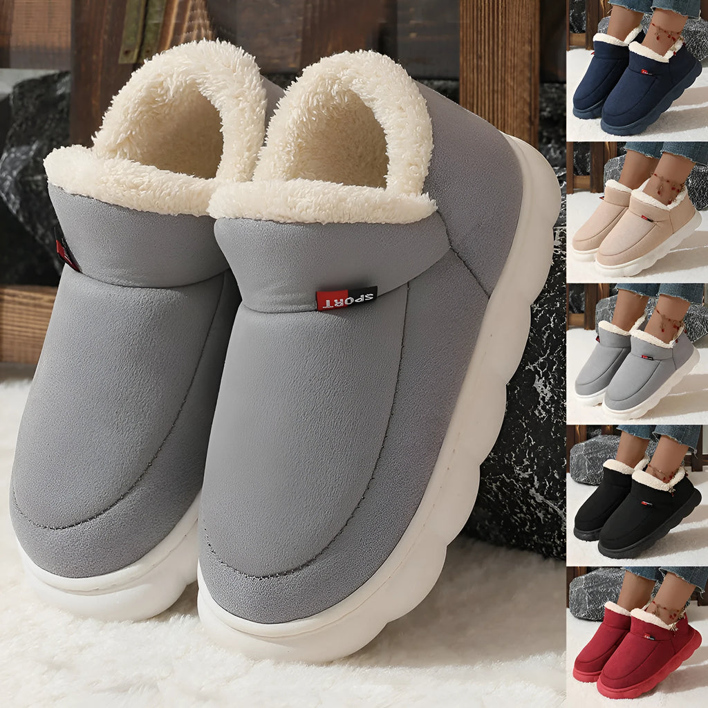 Winter plush cotton house shoes with soft velvet upper, suede lining, and thick rubber sole in solid colours.