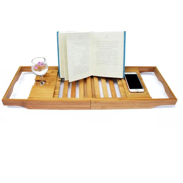 Bamboo bathtub frame on bathroom counter for toiletry storage