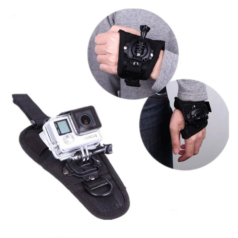 GoPro action camera mounted on a black adjustable wrist strap with 360-degree rotating connection.