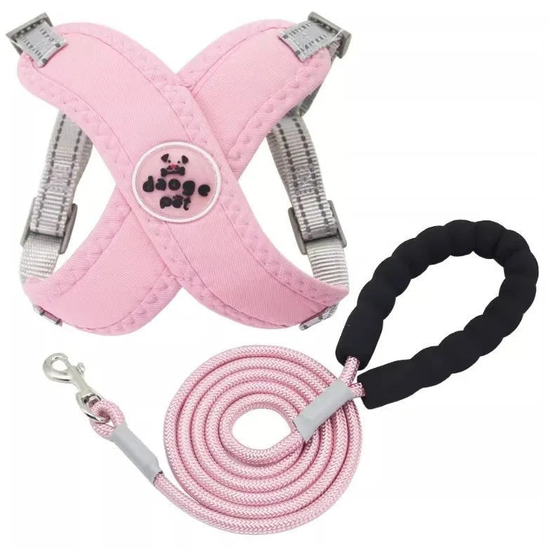 Adjustable dog vest with hand holding rope in blue colour, showing quick-release buckles and padded chest plate