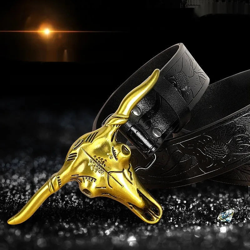 Men's black imitation leather belt with cow head alloy buckle, showing carving and embossing details, length 125cm