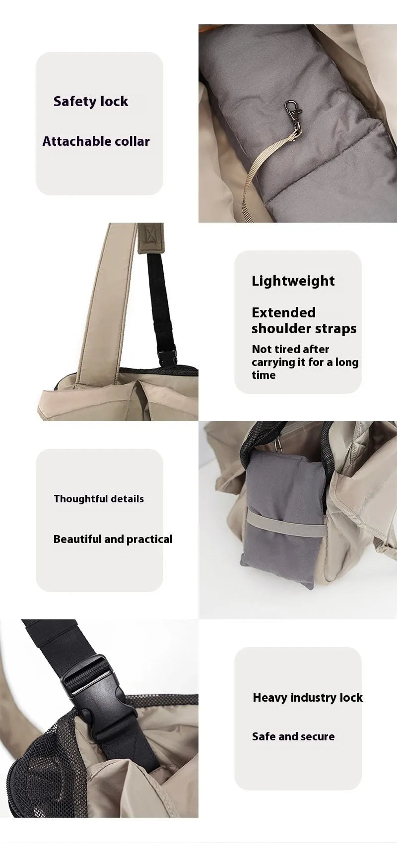 Apricot cloth pet handbag with dimensions 41x16x28cm showing adjustable straps and breathable fabric construction