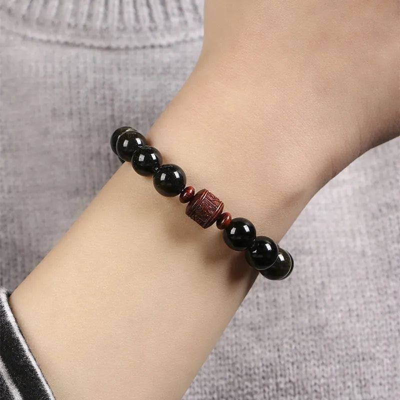 Hand-woven golden obsidian bracelet with 10mm round beads in vintage retro style