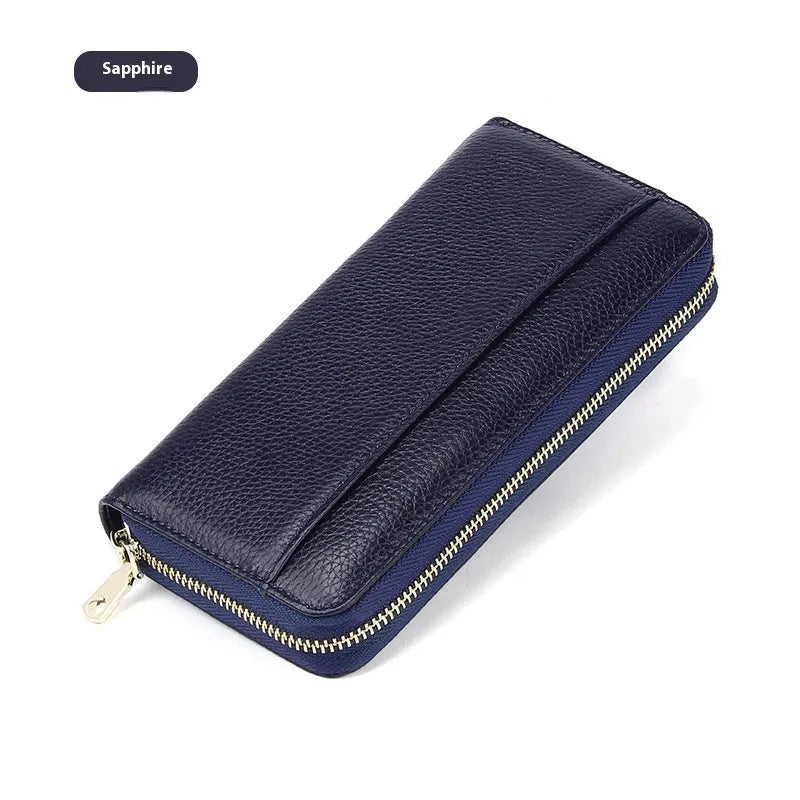 Long genuine leather women's wallet with 12 card slots, RFID blocking, in sapphire blue colour