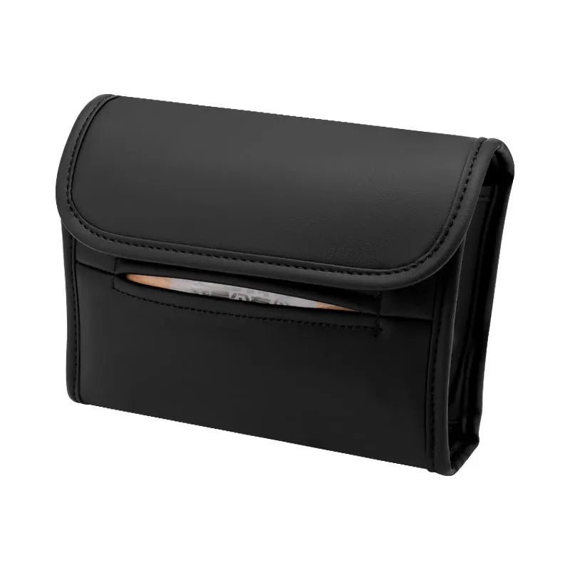 Leather car tissue box with elastic band for sun visor mounting in choice of five colours