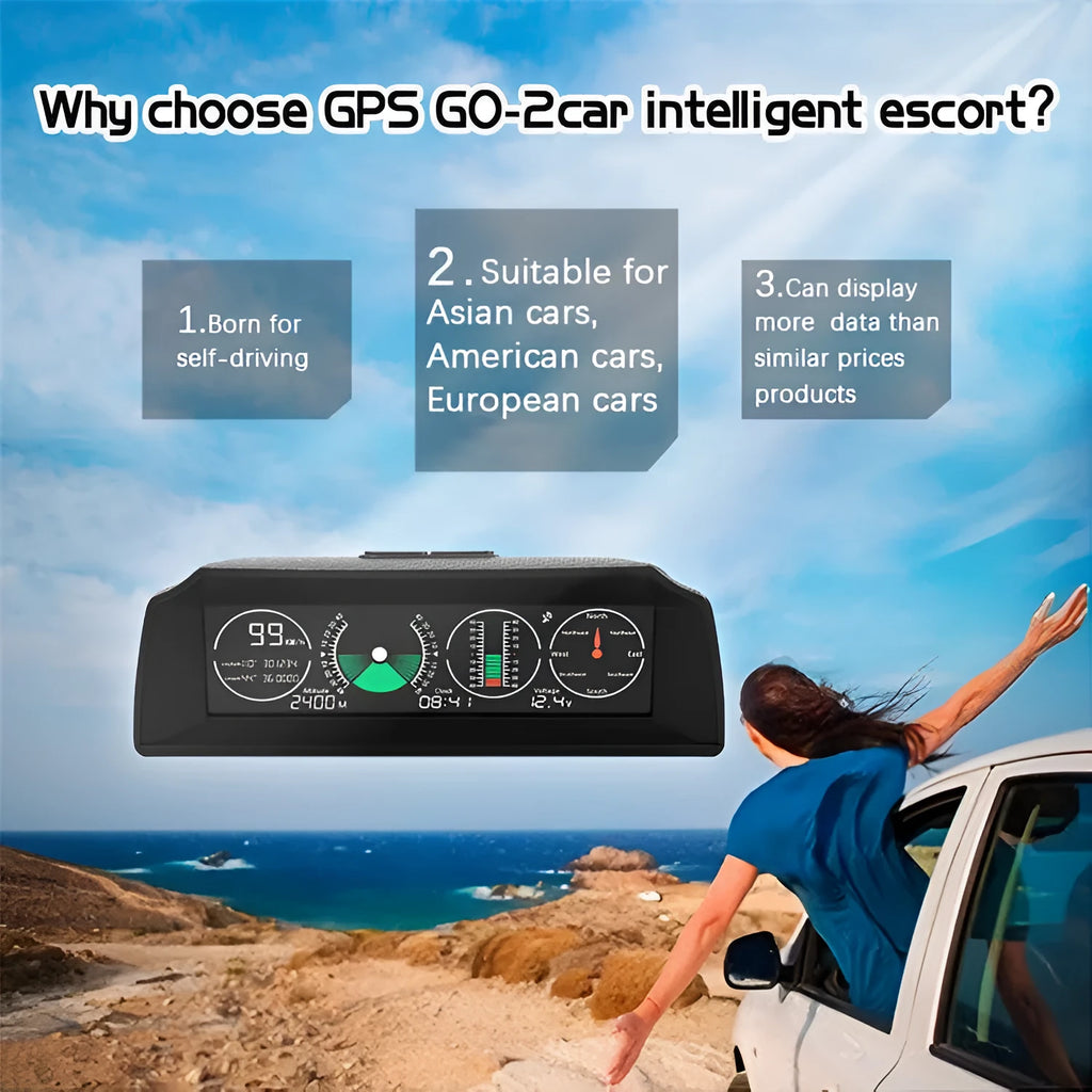 Black GPS GO 2 universal car head-up display monitor on a car dashboard