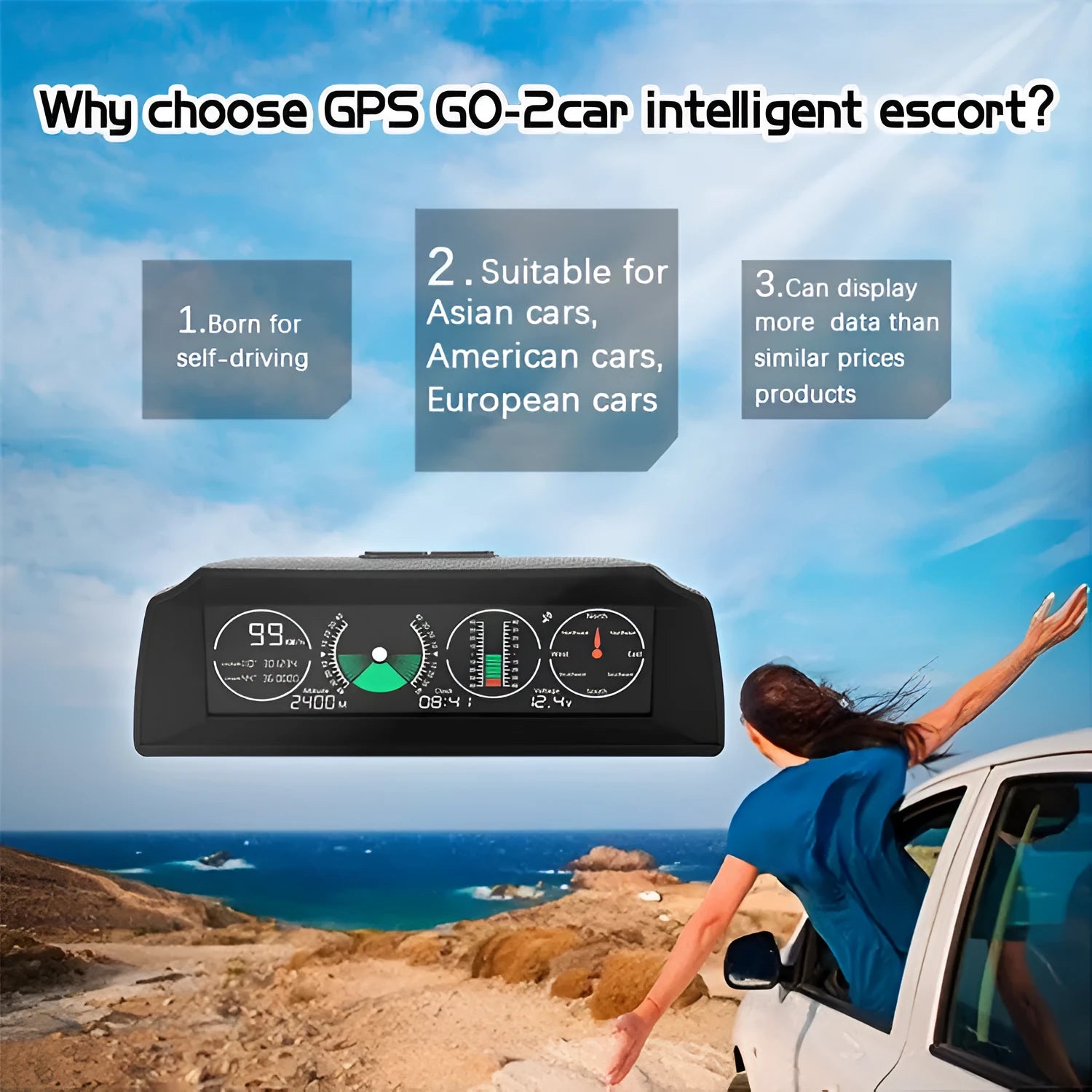 Black GPS GO 2 universal car head-up display monitor on a car dashboard