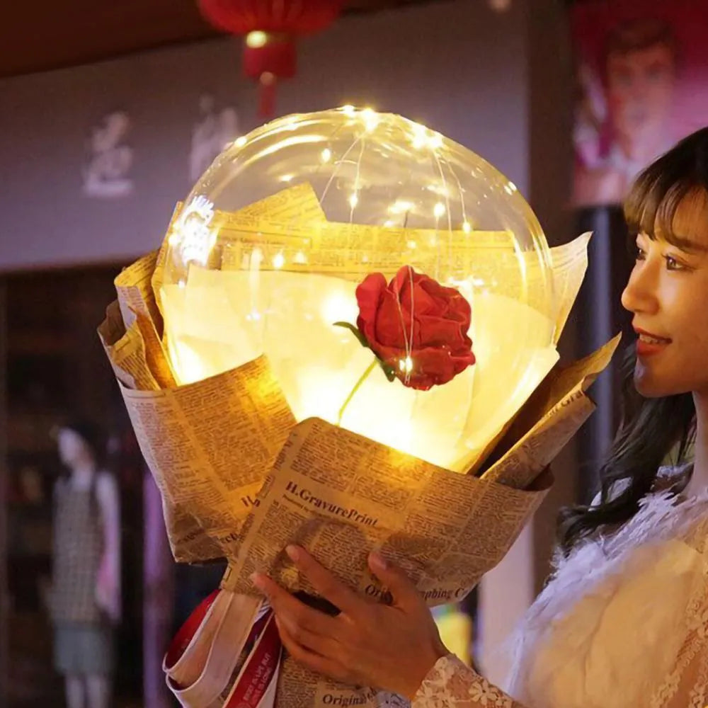 LED luminous balloon rose bouquet with transparent bobo ball design, artificial flowers, and LED lights for DIY Valentine's Day decorations