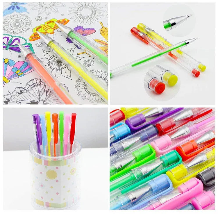 100 colour gel pens with 0.5mm and 1mm tips arranged by colour in plastic case