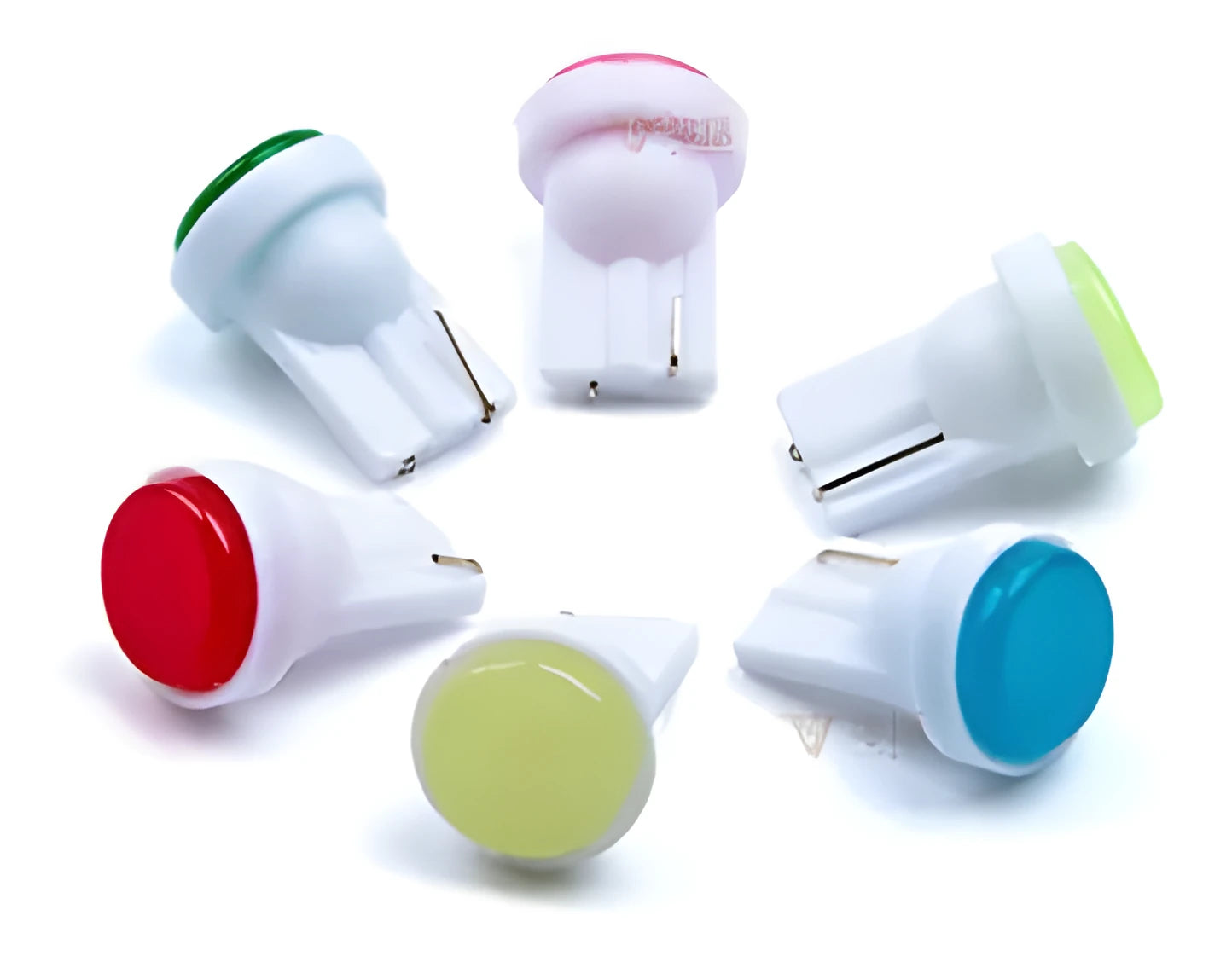 T10 wedge base LED bulb in six colours: white, blue, red, purple, yellow, green, showing compact size.