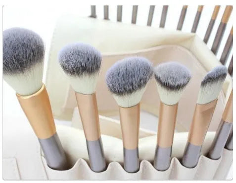 Persian makeup brush set with rice white bristles and champagne-coloured handles in 12, 18, or 24-piece options