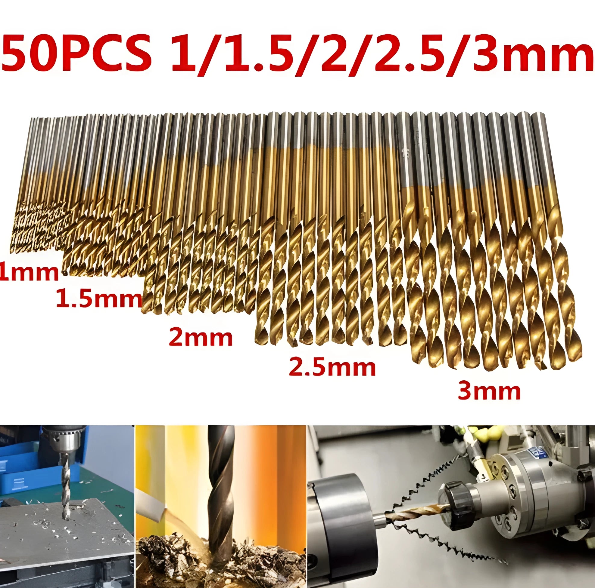 50 titanium-coated HSS drill bits in metric sizes from 0.8mm to 10.0mm, stored in a metal case.