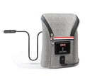 Grey portable baby bottle warmer with electronic display, car charger, and buckle for hanging on prams