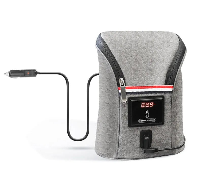 Grey portable baby bottle warmer with electronic display, car charger, and buckle for hanging on prams