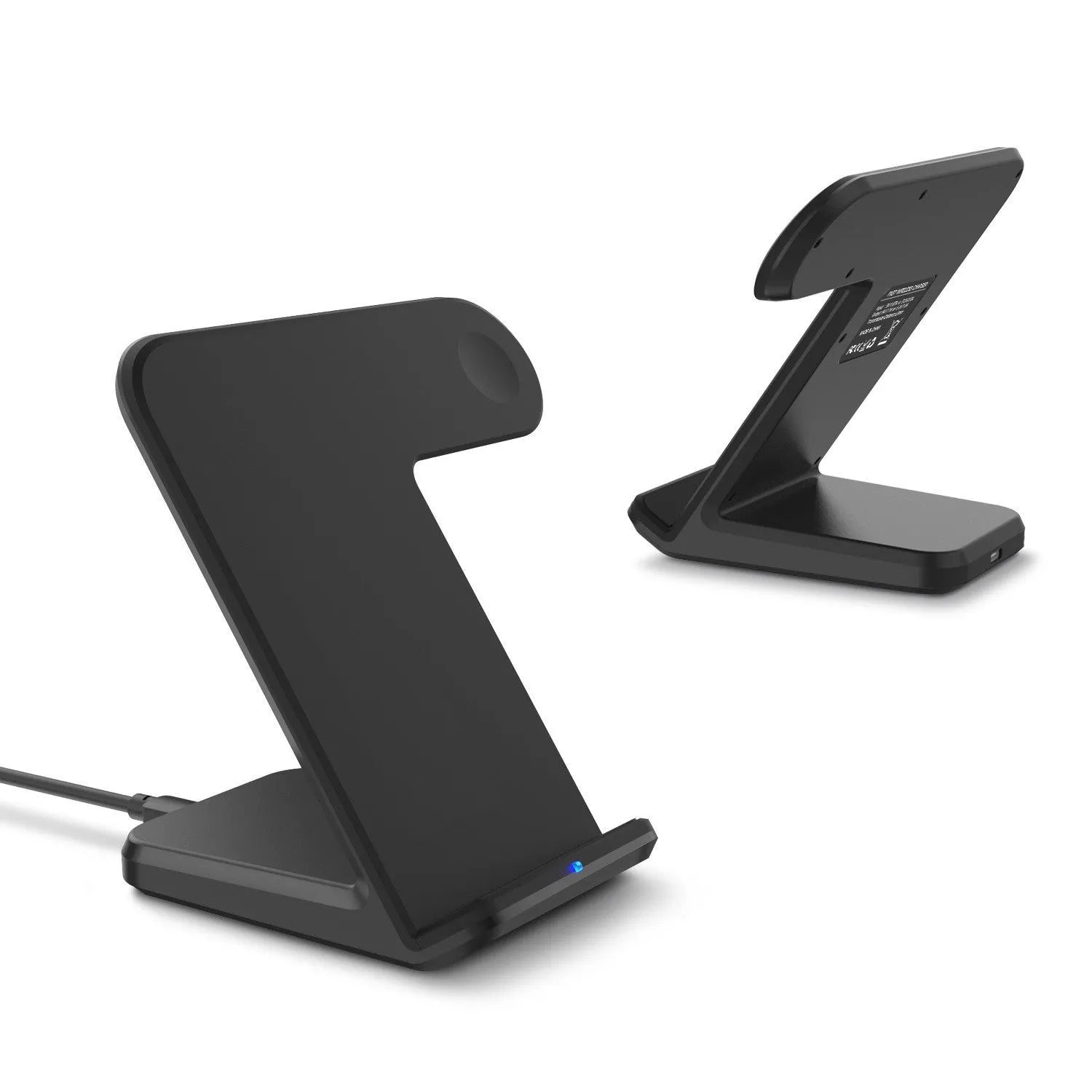 Black wireless phone charger with smartphone positioned on charging surface showing 15W fast charging