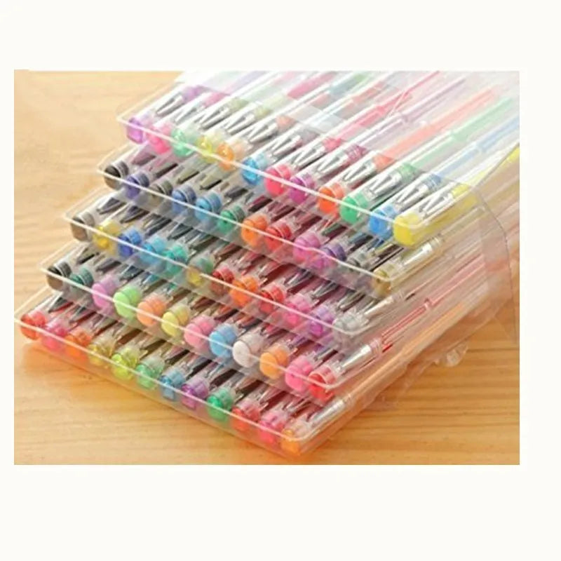 100 colour gel pens with 0.5mm and 1mm tips arranged by colour in plastic case