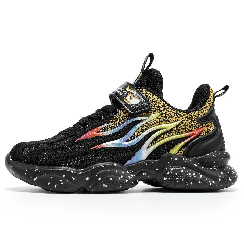 Boys mesh sneakers with textile and TPU upper in beige, black gold, and black red colours
